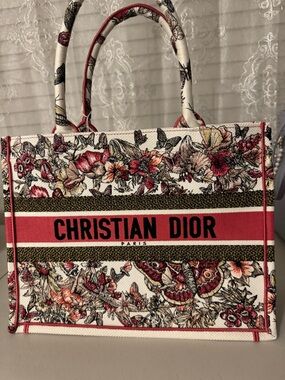 Dior Floral Canvas Tote in Red, White, Black
